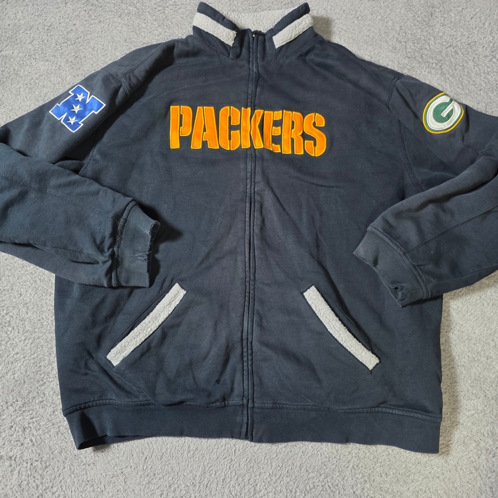 NFL Pro Line Mens XL Full Zip Sweatshirt Black Packers Sherpa Lined Distressed